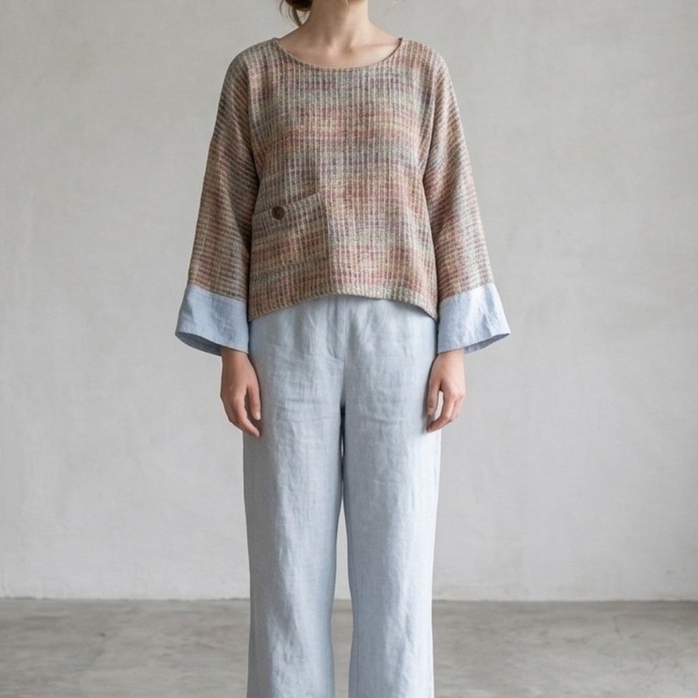 Yasuko Kurisaka Top OS Multicolor Textured Woven Boxy Art To Wear Lagenlook